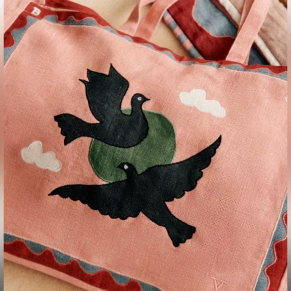 NWT Sezane x Pangea - Lovebirds Linen Tote Travel Bag RARE Still Has Tags - Picture 3 of 6
